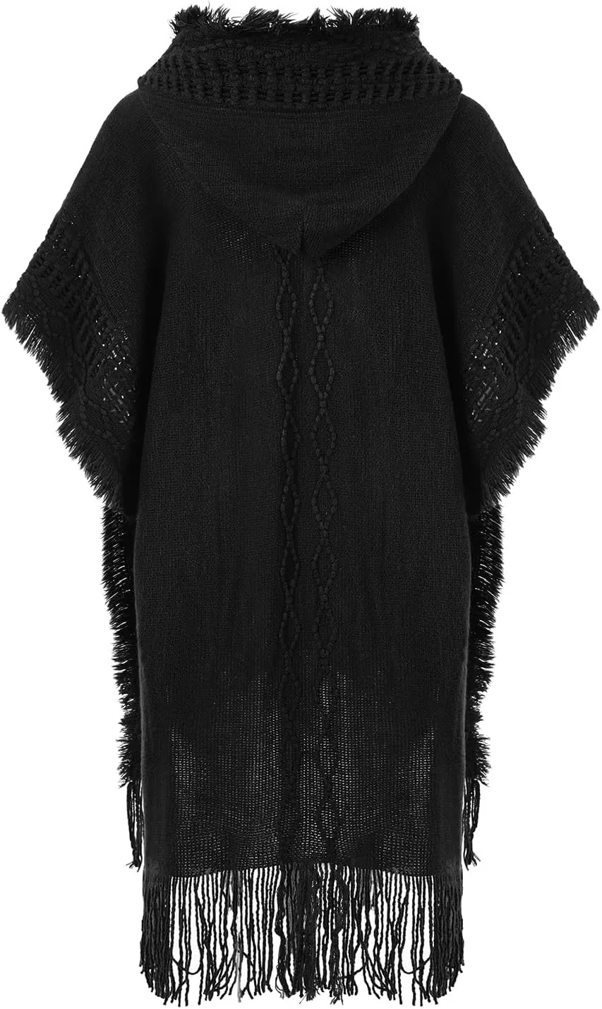 Ferand Women's Cable Knit Poncho Sweater Casual Hooded Pullover Ponchos with Decorative Buttons