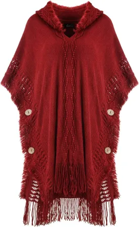 Ferand Women's Cable Knit Poncho Sweater Casual Hooded Pullover Ponchos with Decorative Buttons