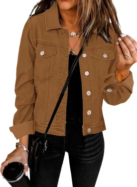 GRAPENT Women's Basic Button Down Long Sleeve Stretchy Jean Trucker Denim Jacket