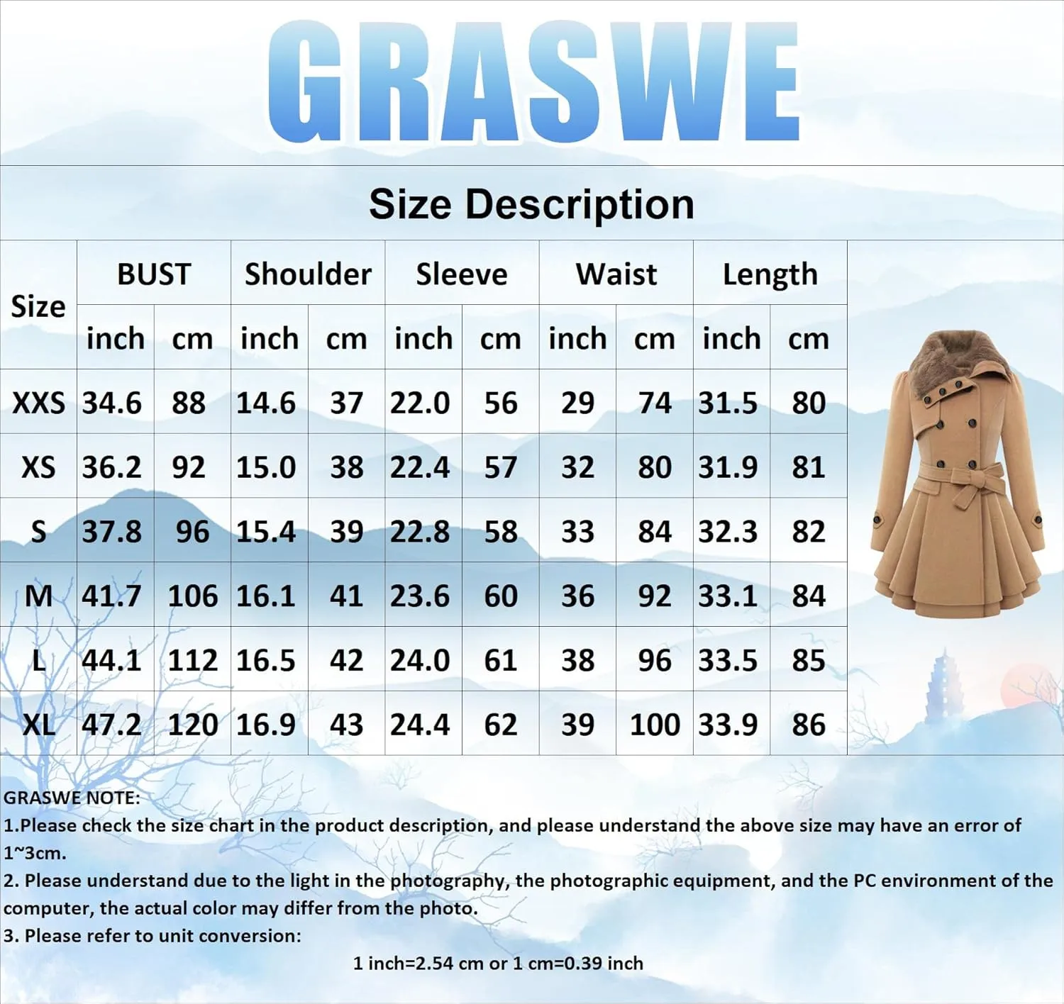 GRASWE Women's Trench Coat Long Sleeve Lapel Pea Coat Long Jackets