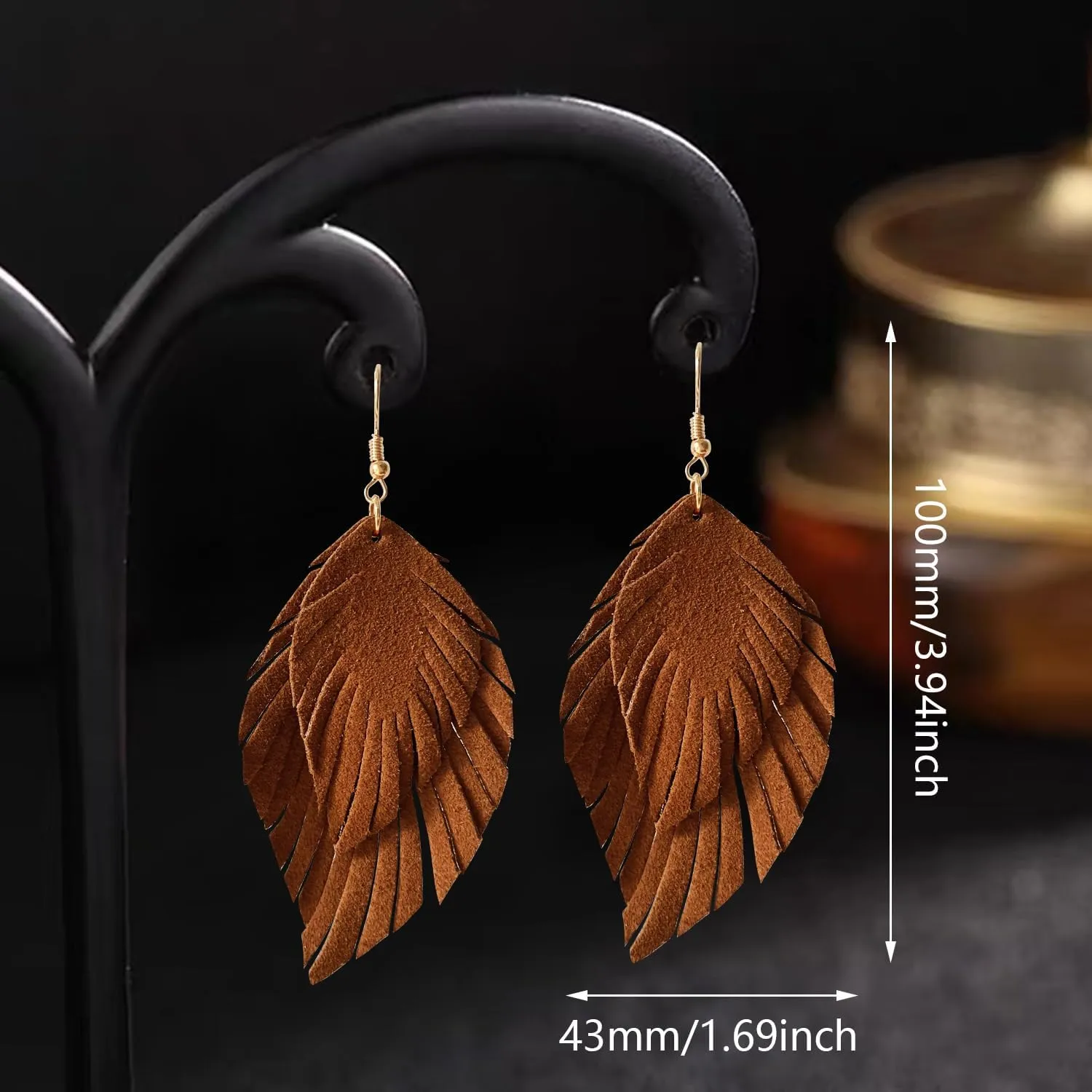 Handmade Bohemian Large Soft Genuine Leather Fringe Double Feather Dangle Drop Earrings Lightweight Simple Color PU Leaf Hook Earrings for Women