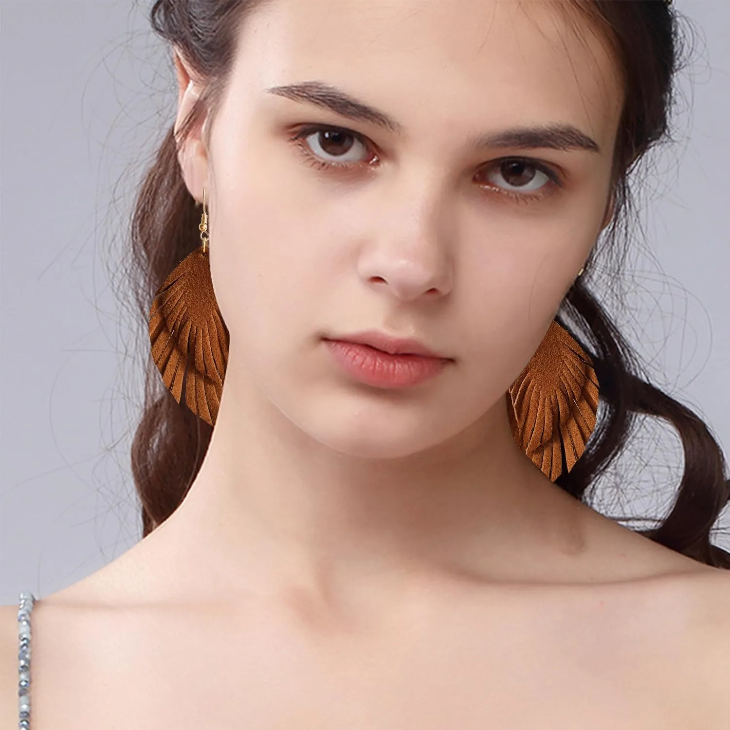 Handmade Bohemian Large Soft Genuine Leather Fringe Double Feather Dangle Drop Earrings Lightweight Simple Color PU Leaf Hook Earrings for Women