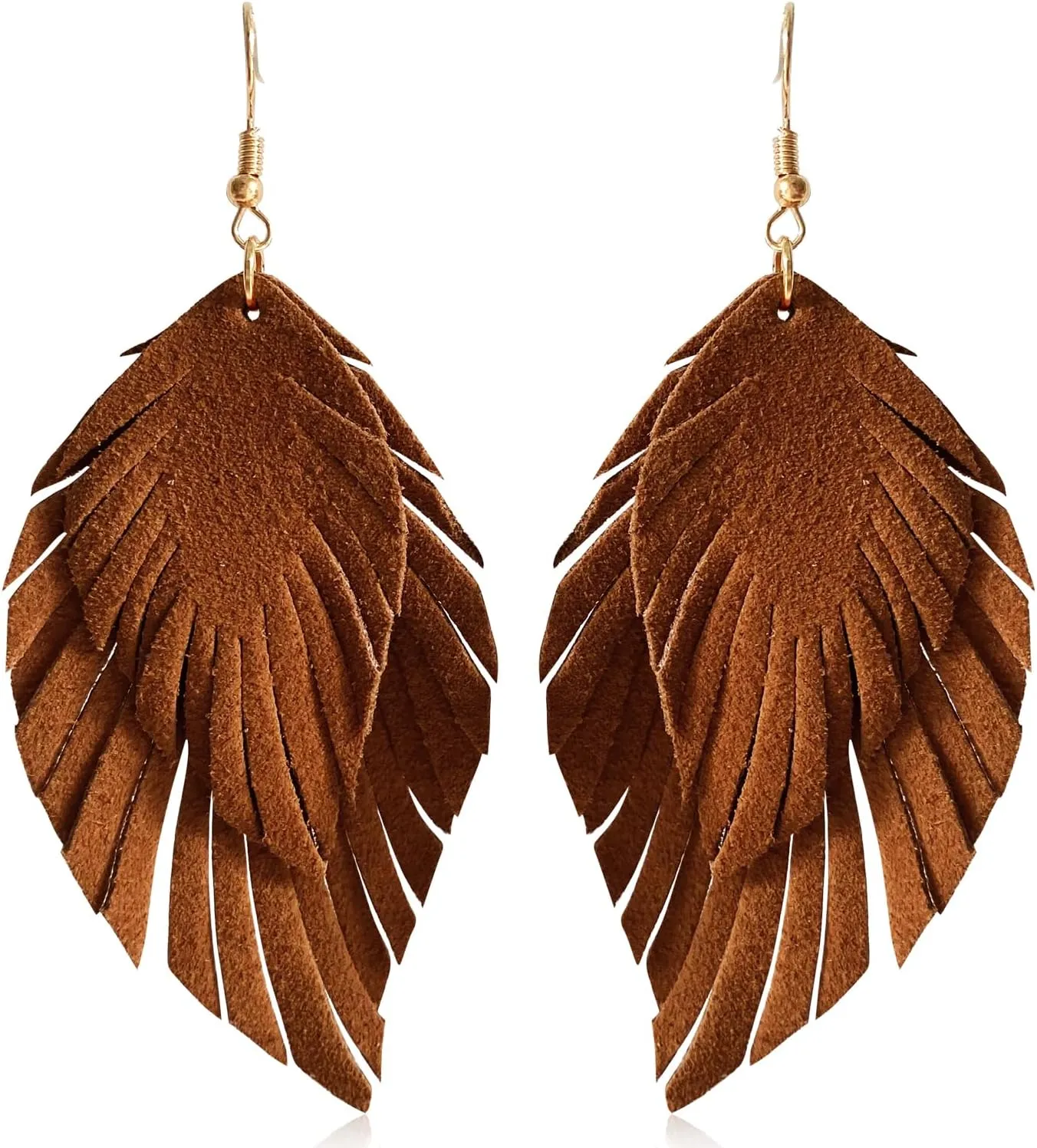 Handmade Bohemian Large Soft Genuine Leather Fringe Double Feather Dangle Drop Earrings Lightweight Simple Color PU Leaf Hook Earrings for Women