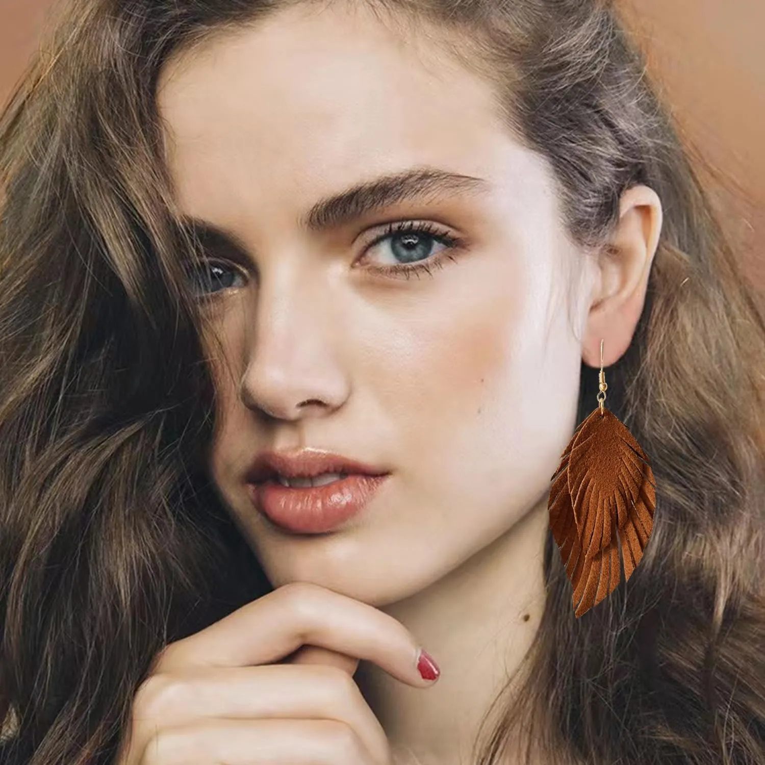 Handmade Bohemian Large Soft Genuine Leather Fringe Double Feather Dangle Drop Earrings Lightweight Simple Color PU Leaf Hook Earrings for Women
