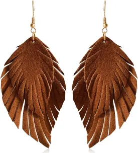 Handmade Bohemian Large Soft Genuine Leather Fringe Double Feather Dangle Drop Earrings Lightweight Simple Color PU Leaf Hook Earrings for Women