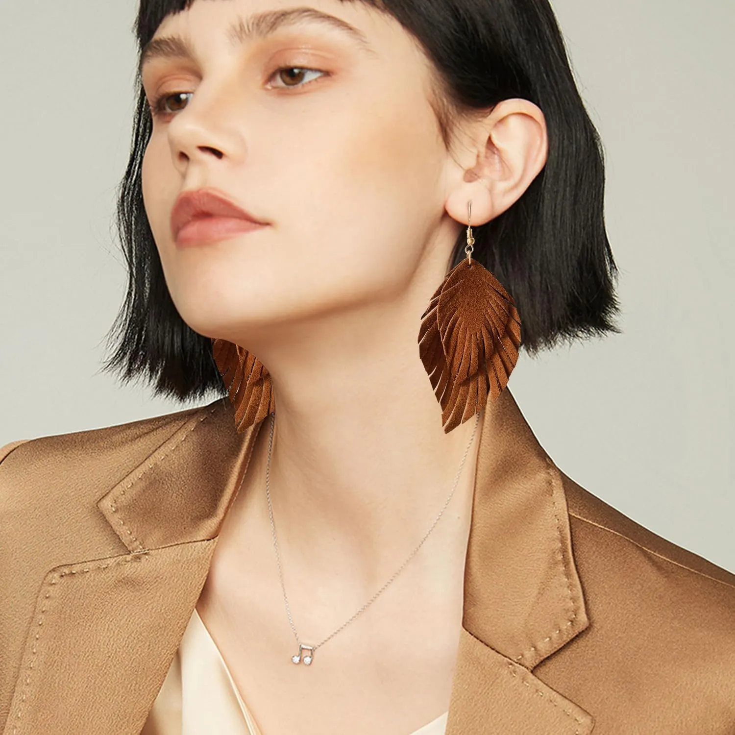 Handmade Bohemian Large Soft Genuine Leather Fringe Double Feather Dangle Drop Earrings Lightweight Simple Color PU Leaf Hook Earrings for Women