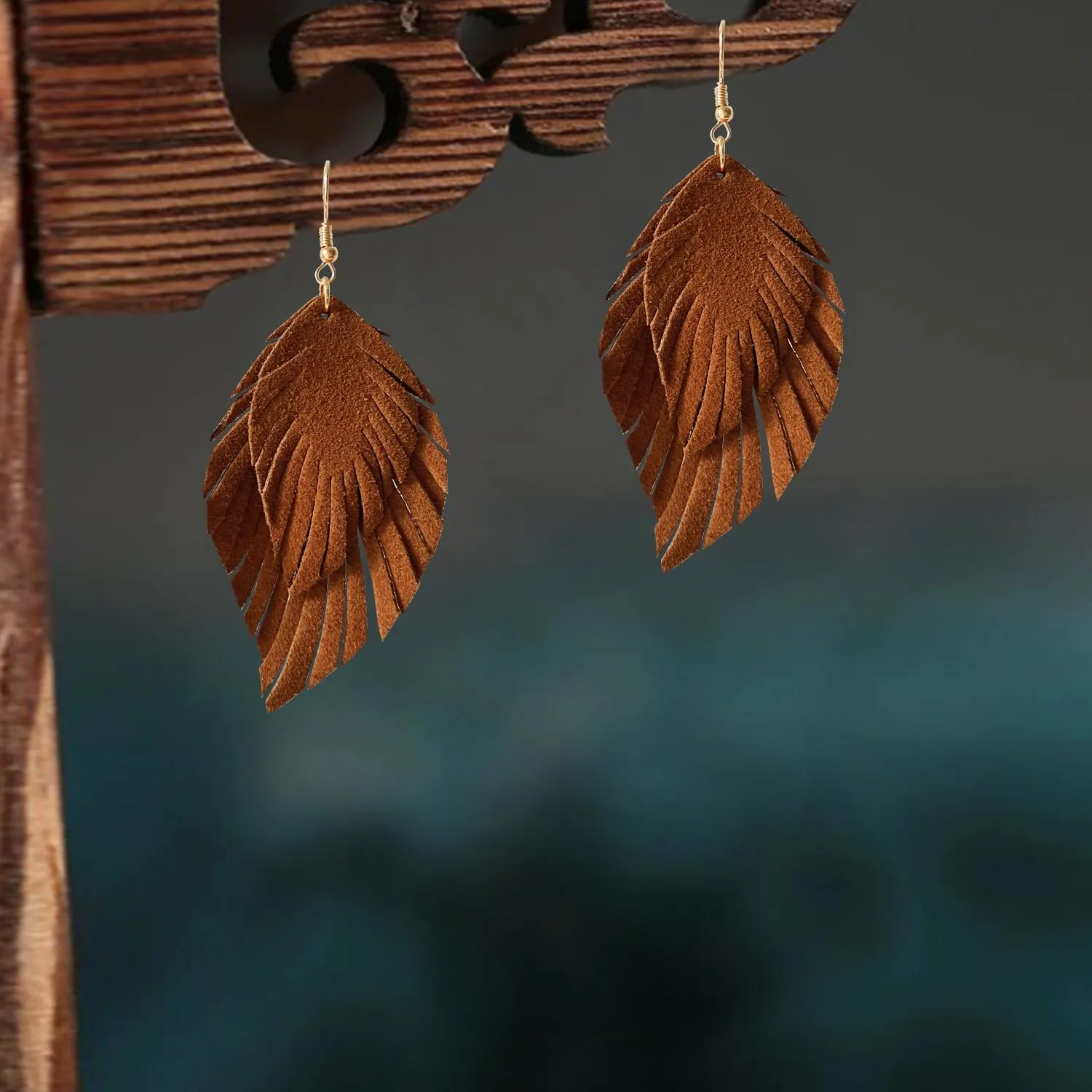 Handmade Bohemian Large Soft Genuine Leather Fringe Double Feather Dangle Drop Earrings Lightweight Simple Color PU Leaf Hook Earrings for Women