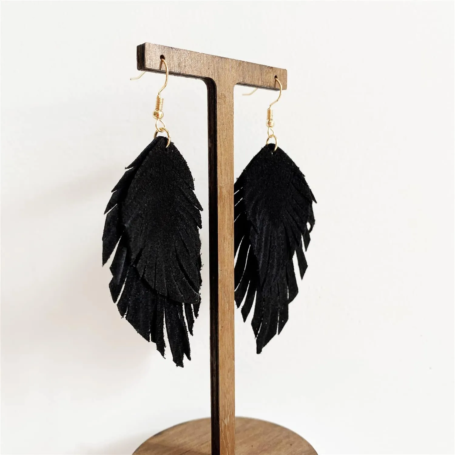 Handmade Bohemian Large Soft Genuine Leather Fringe Double Feather Lightweight Color PU Leaf Drop Dangle Earrings for Women Fashion Jewelry Gifts