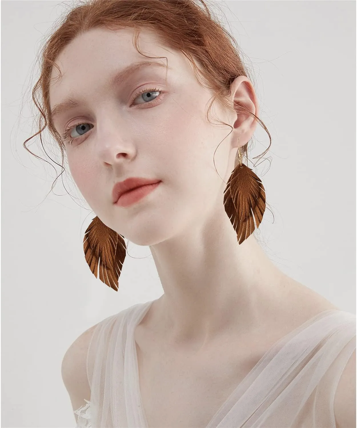 Handmade Bohemian Large Soft Genuine Leather Fringe Double Feather Lightweight Color PU Leaf Drop Dangle Earrings for Women Fashion Jewelry Gifts