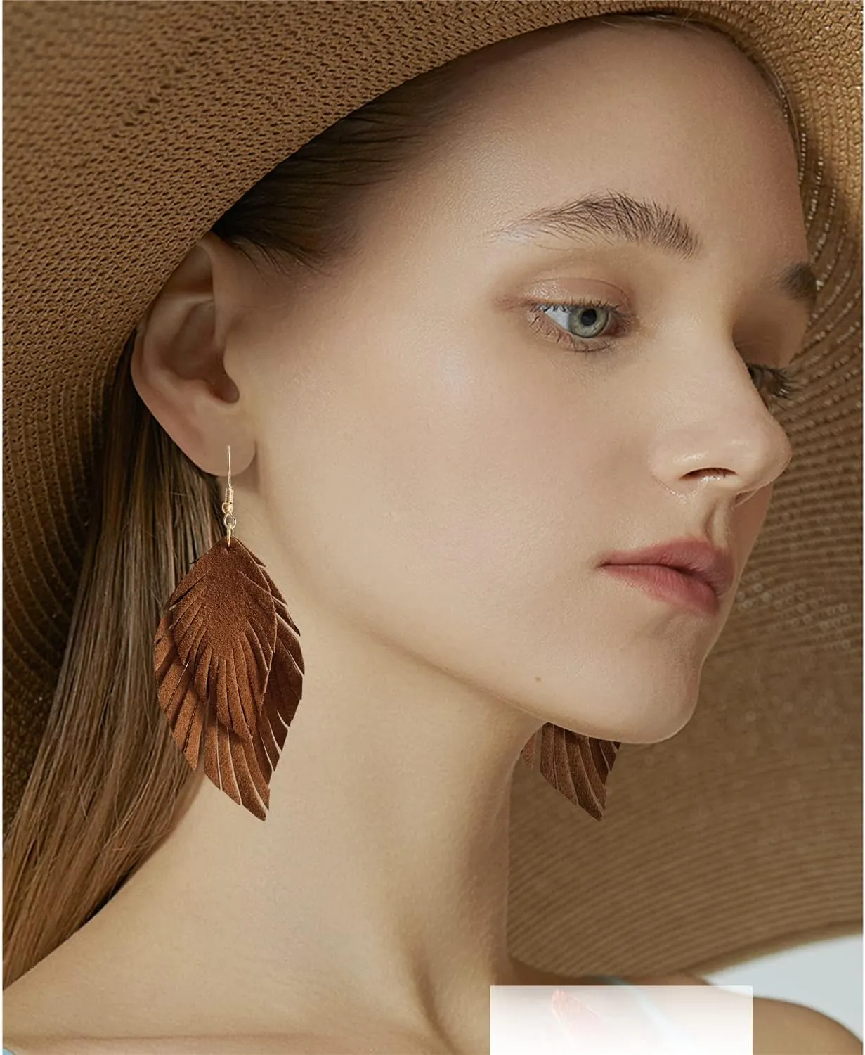 Handmade Bohemian Large Soft Genuine Leather Fringe Double Feather Lightweight Color PU Leaf Drop Dangle Earrings for Women Fashion Jewelry Gifts