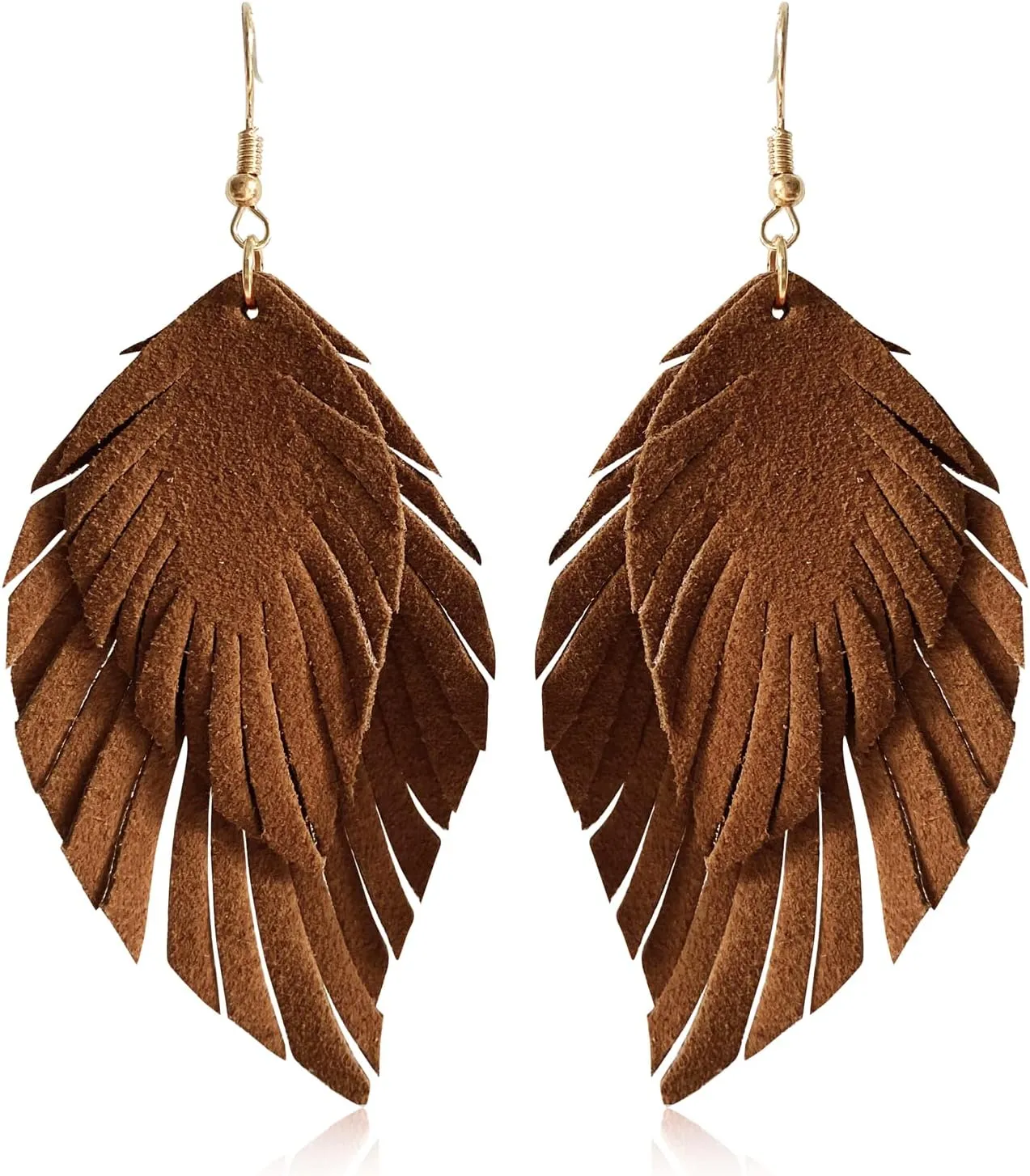 Handmade Bohemian Large Soft Genuine Leather Fringe Double Feather Lightweight Color PU Leaf Drop Dangle Earrings for Women Fashion Jewelry Gifts