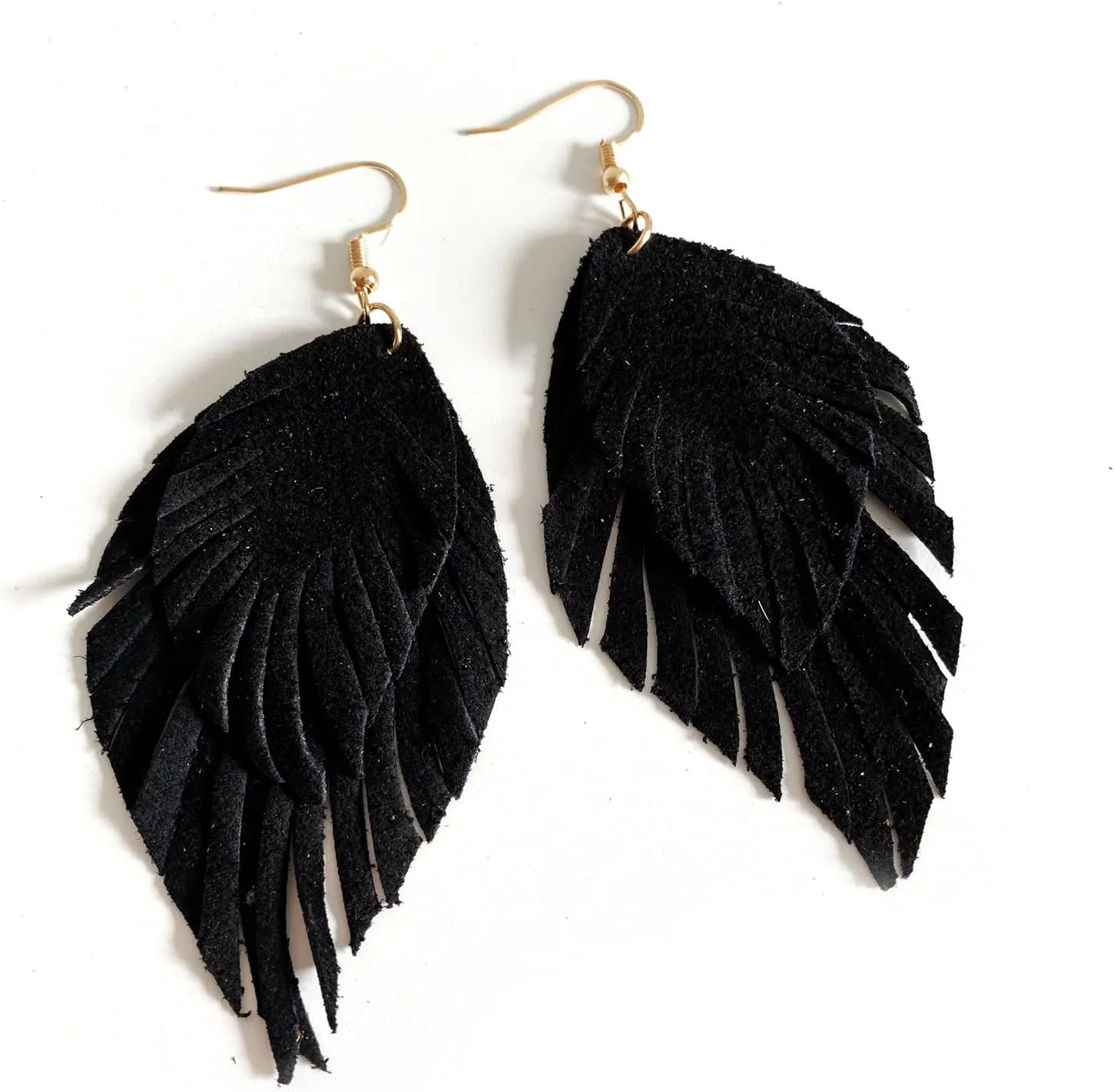 Handmade Bohemian Large Soft Genuine Leather Fringe Double Feather Lightweight Color PU Leaf Drop Dangle Earrings for Women Fashion Jewelry Gifts