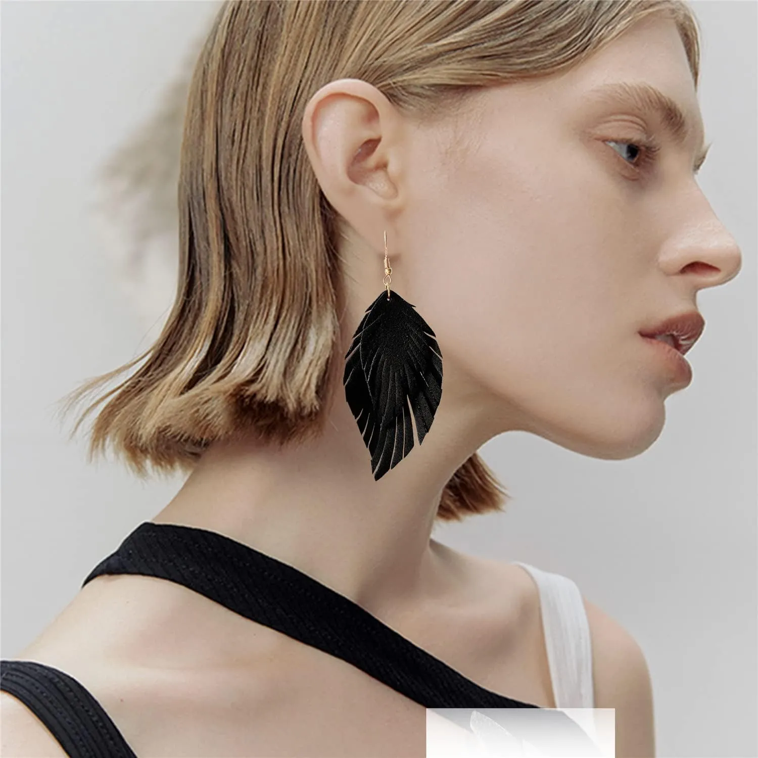 Handmade Bohemian Large Soft Genuine Leather Fringe Double Feather Lightweight Color PU Leaf Drop Dangle Earrings for Women Fashion Jewelry Gifts