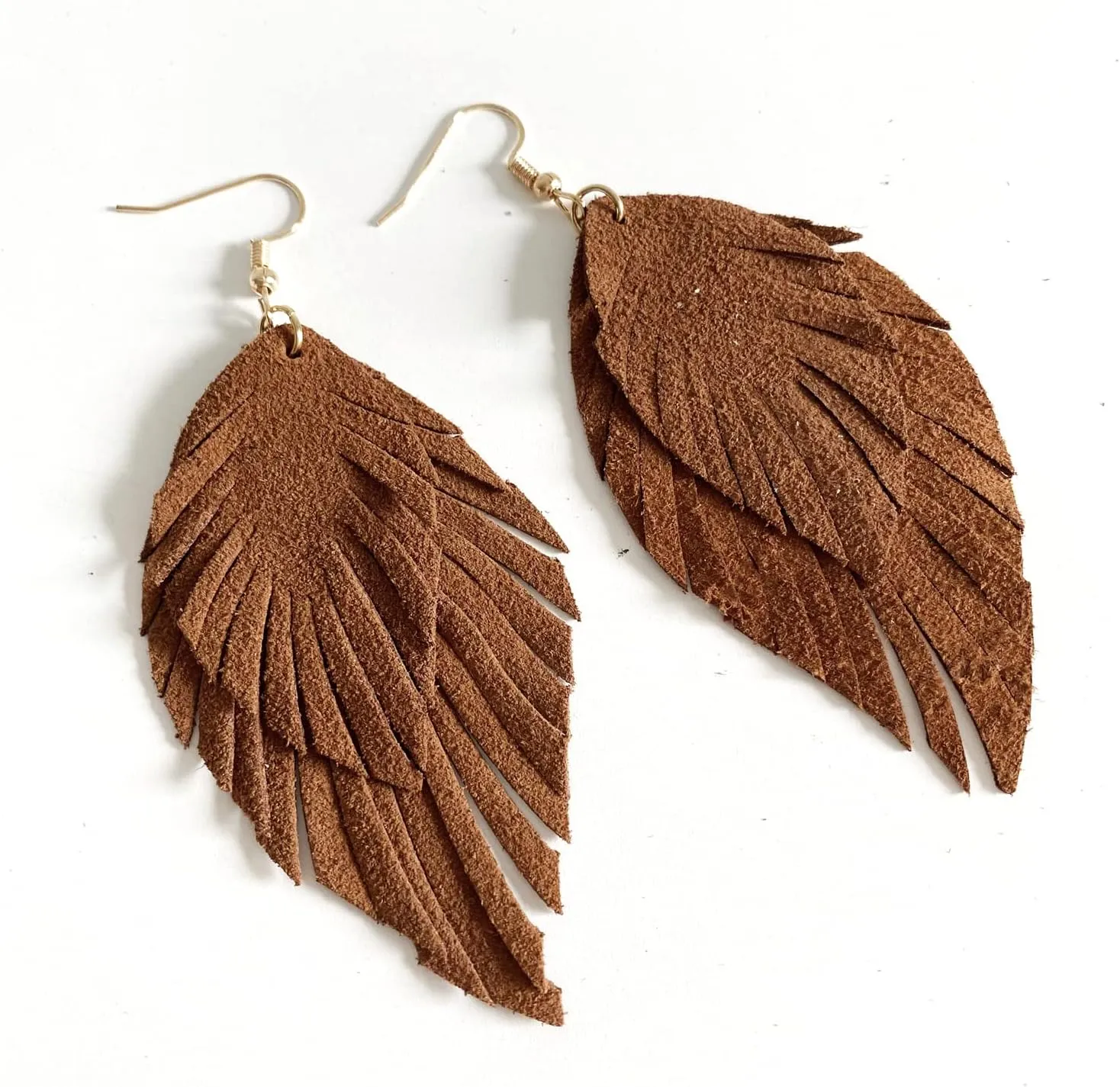 Handmade Bohemian Large Soft Genuine Leather Fringe Double Feather Lightweight Color PU Leaf Drop Dangle Earrings for Women Fashion Jewelry Gifts