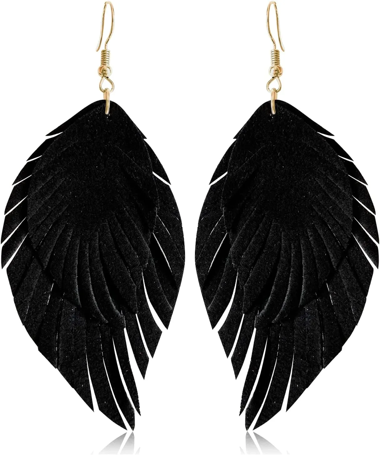 Handmade Bohemian Large Soft Genuine Leather Fringe Double Feather Lightweight Color PU Leaf Drop Dangle Earrings for Women Fashion Jewelry Gifts