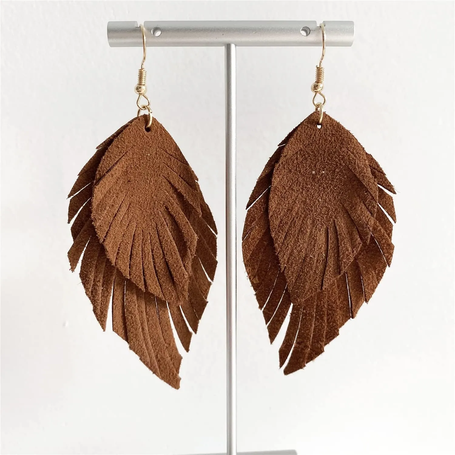 Handmade Bohemian Large Soft Genuine Leather Fringe Double Feather Lightweight Color PU Leaf Drop Dangle Earrings for Women Fashion Jewelry Gifts
