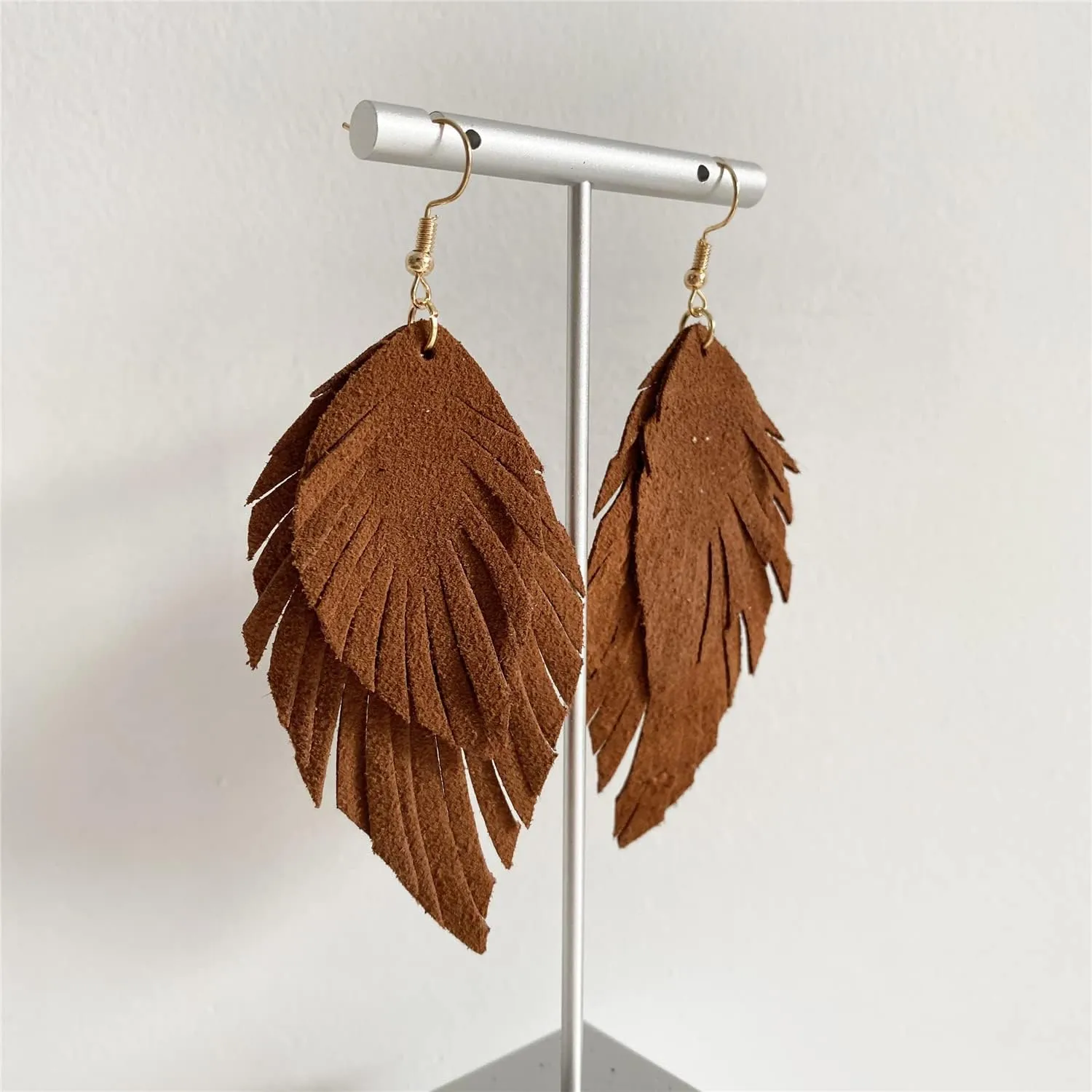 Handmade Bohemian Large Soft Genuine Leather Fringe Double Feather Lightweight Color PU Leaf Drop Dangle Earrings for Women Fashion Jewelry Gifts
