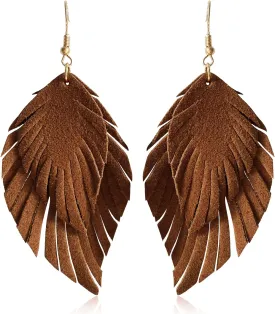 Handmade Bohemian Large Soft Genuine Leather Fringe Double Feather Lightweight Color PU Leaf Drop Dangle Earrings for Women Fashion Jewelry Gifts