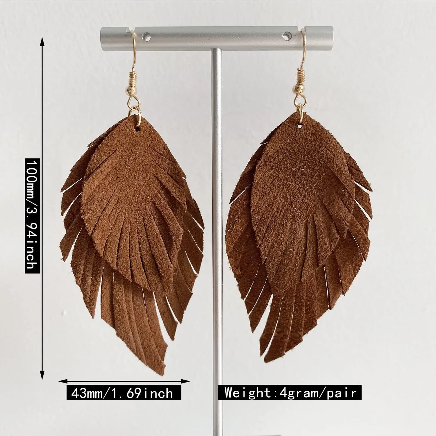Handmade Bohemian Large Soft Genuine Leather Fringe Double Feather Lightweight Color PU Leaf Drop Dangle Earrings for Women Fashion Jewelry Gifts