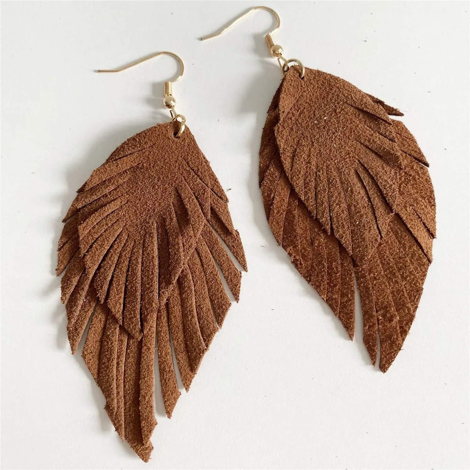 Handmade Bohemian Large Soft Genuine Leather Fringe Double Feather Lightweight Color PU Leaf Drop Dangle Earrings for Women Fashion Jewelry Gifts