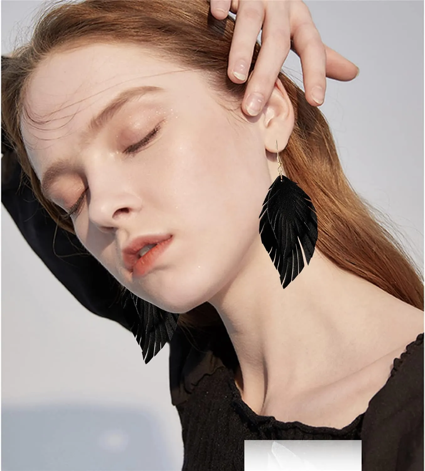 Handmade Bohemian Large Soft Genuine Leather Fringe Double Feather Lightweight Color PU Leaf Drop Dangle Earrings for Women Fashion Jewelry Gifts
