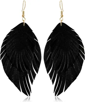 Handmade Bohemian Large Soft Genuine Leather Fringe Double Feather Lightweight Color PU Leaf Drop Dangle Earrings for Women Fashion Jewelry Gifts