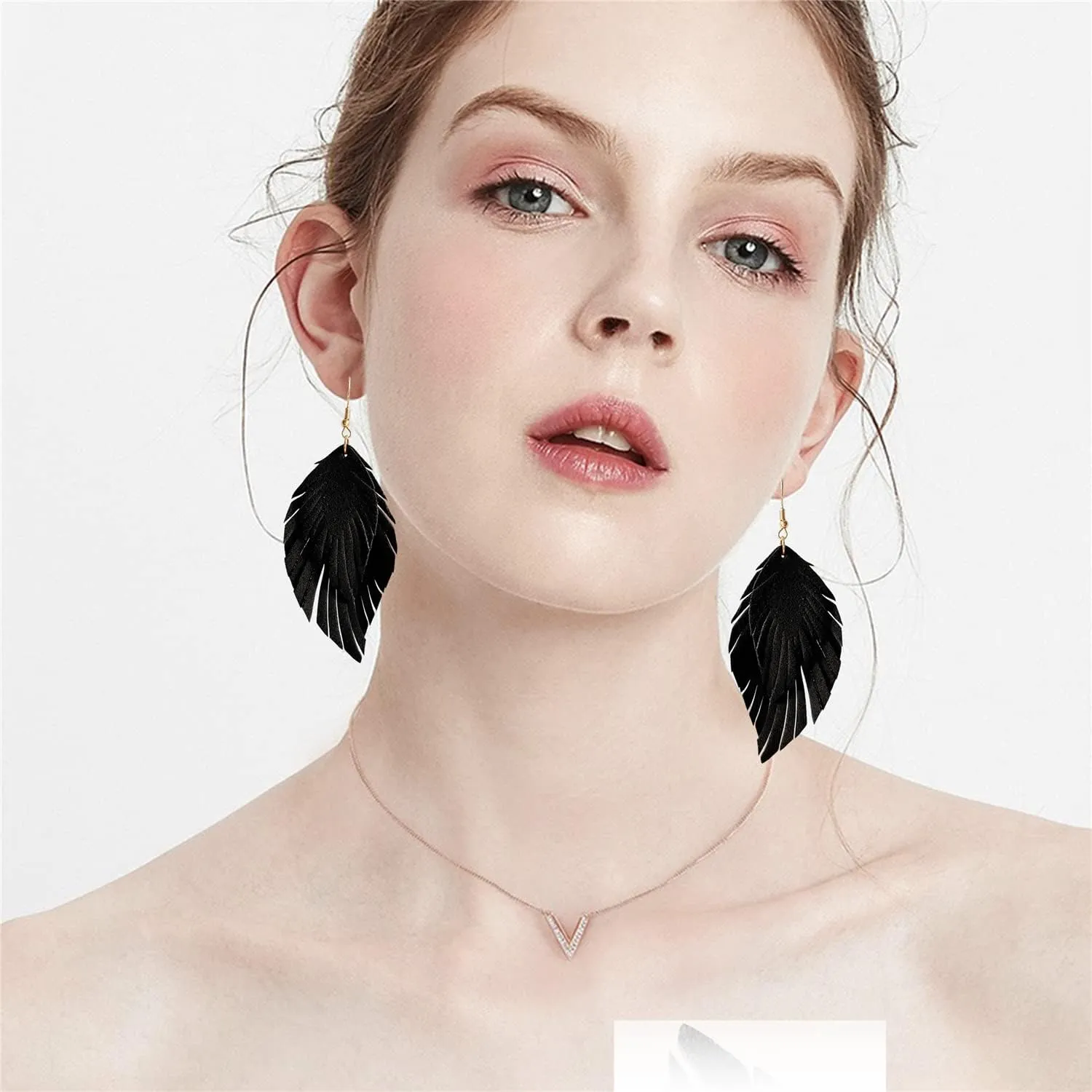 Handmade Bohemian Large Soft Genuine Leather Fringe Double Feather Lightweight Color PU Leaf Drop Dangle Earrings for Women Fashion Jewelry Gifts