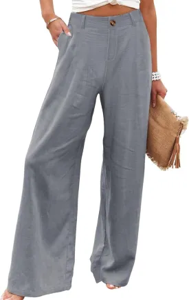 Himosyber Women's Casual Pants High Elastic Waisted Button Down Straight Long Trousers