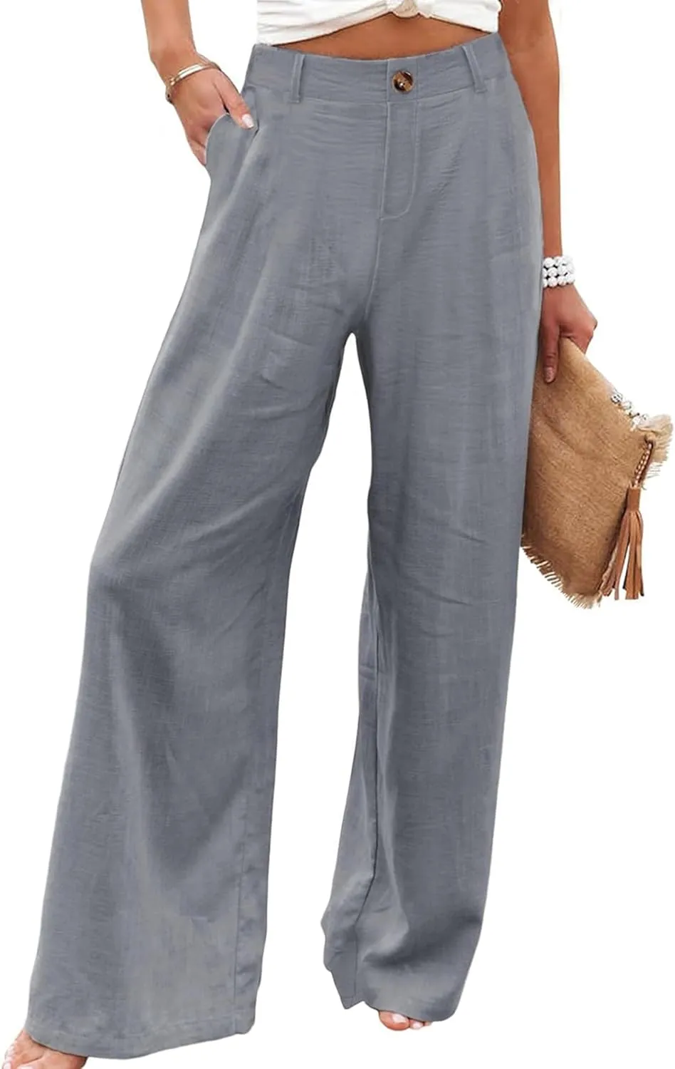Himosyber Women's Casual Pants High Elastic Waisted Button Down Straight Long Trousers