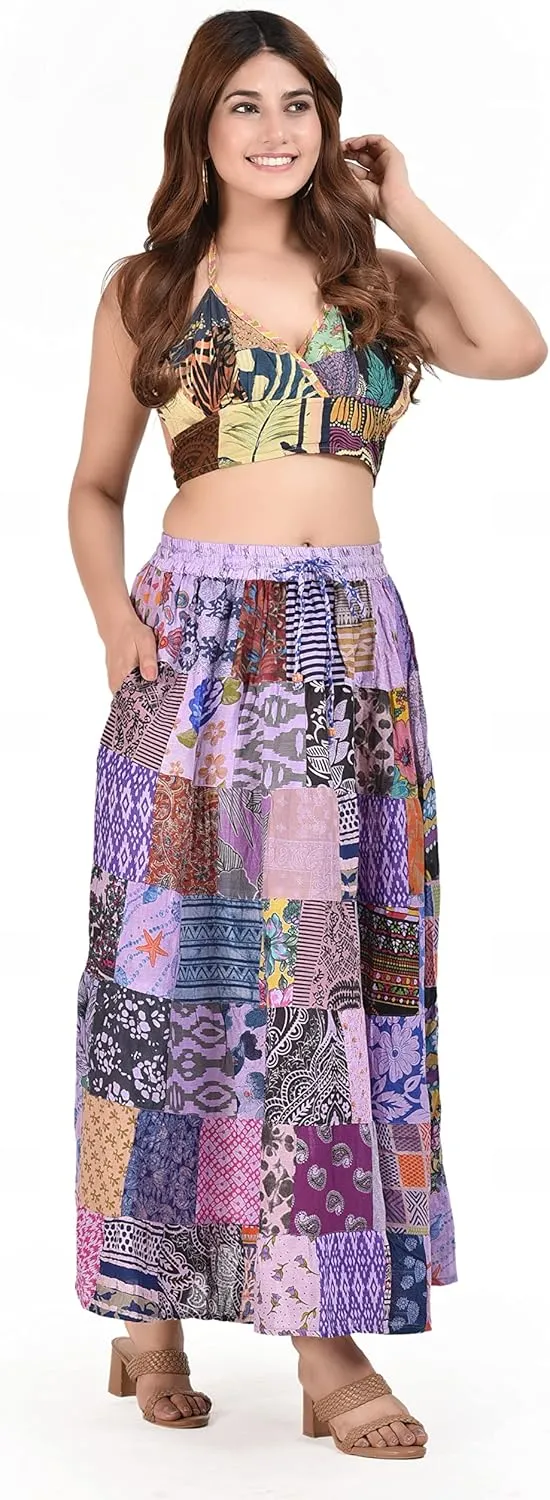 Hippie Forever Women's Boho Patchwork Skirts,High Waist Elastic Beach Maxi with Pocket,One Size (Waist 30-36 inches)