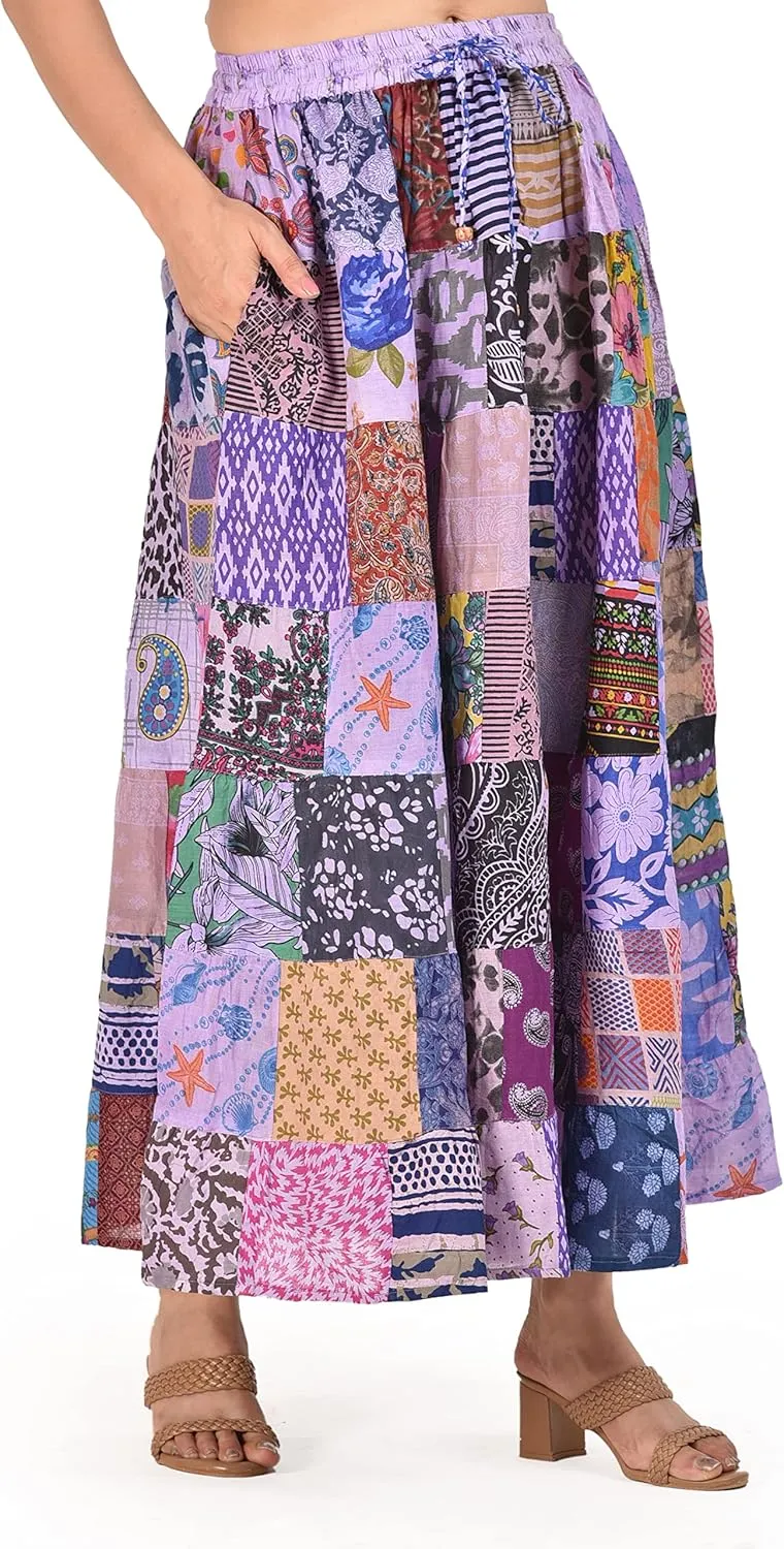 Hippie Forever Women's Boho Patchwork Skirts,High Waist Elastic Beach Maxi with Pocket,One Size (Waist 30-36 inches)