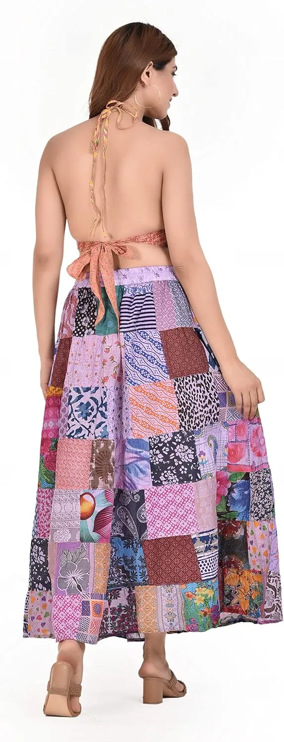 Hippie Forever Women's Boho Patchwork Skirts,High Waist Elastic Beach Maxi with Pocket,One Size (Waist 30-36 inches)