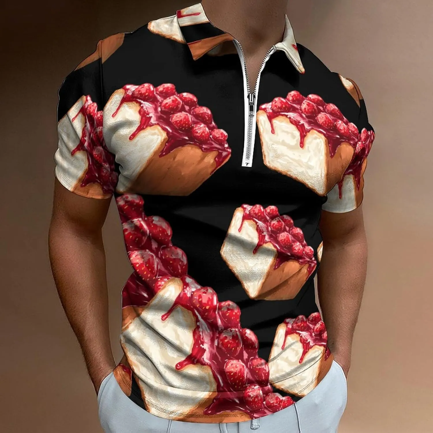 Honey Bread Brick Toast Trendy Polo Shirts for Men Short Sleeve Lapel Collar Zipper T-Shirts Outdoor Sports