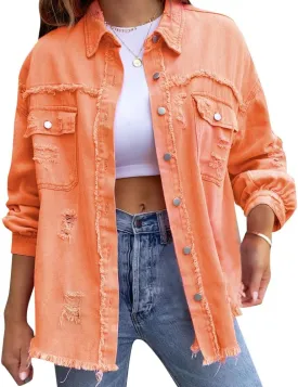 IDOPIP Denim Jacket for Women Distressed Ripped Jean Jackets Long Sleeve Casual Button Down Frayed Trucker Shacket Shirts