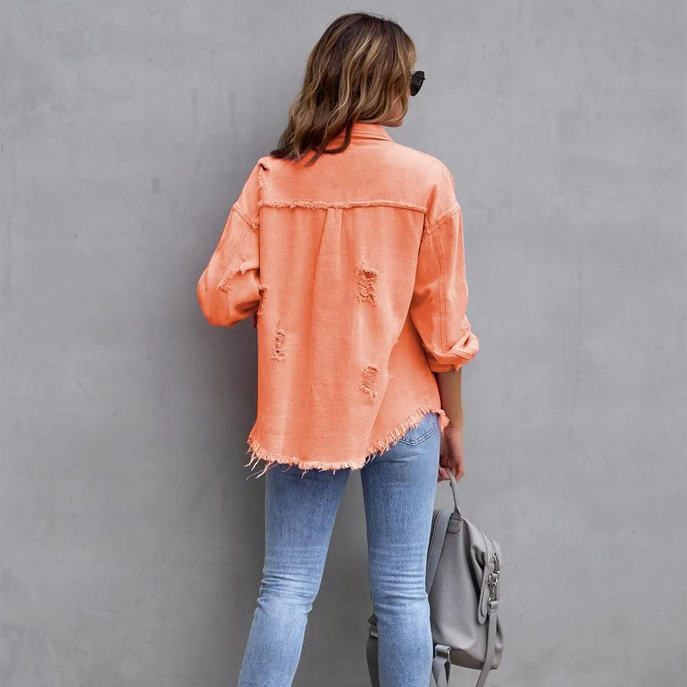 IDOPIP Denim Jacket for Women Distressed Ripped Jean Jackets Long Sleeve Casual Button Down Frayed Trucker Shacket Shirts