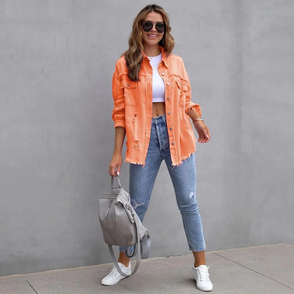 IDOPIP Denim Jacket for Women Distressed Ripped Jean Jackets Long Sleeve Casual Button Down Frayed Trucker Shacket Shirts