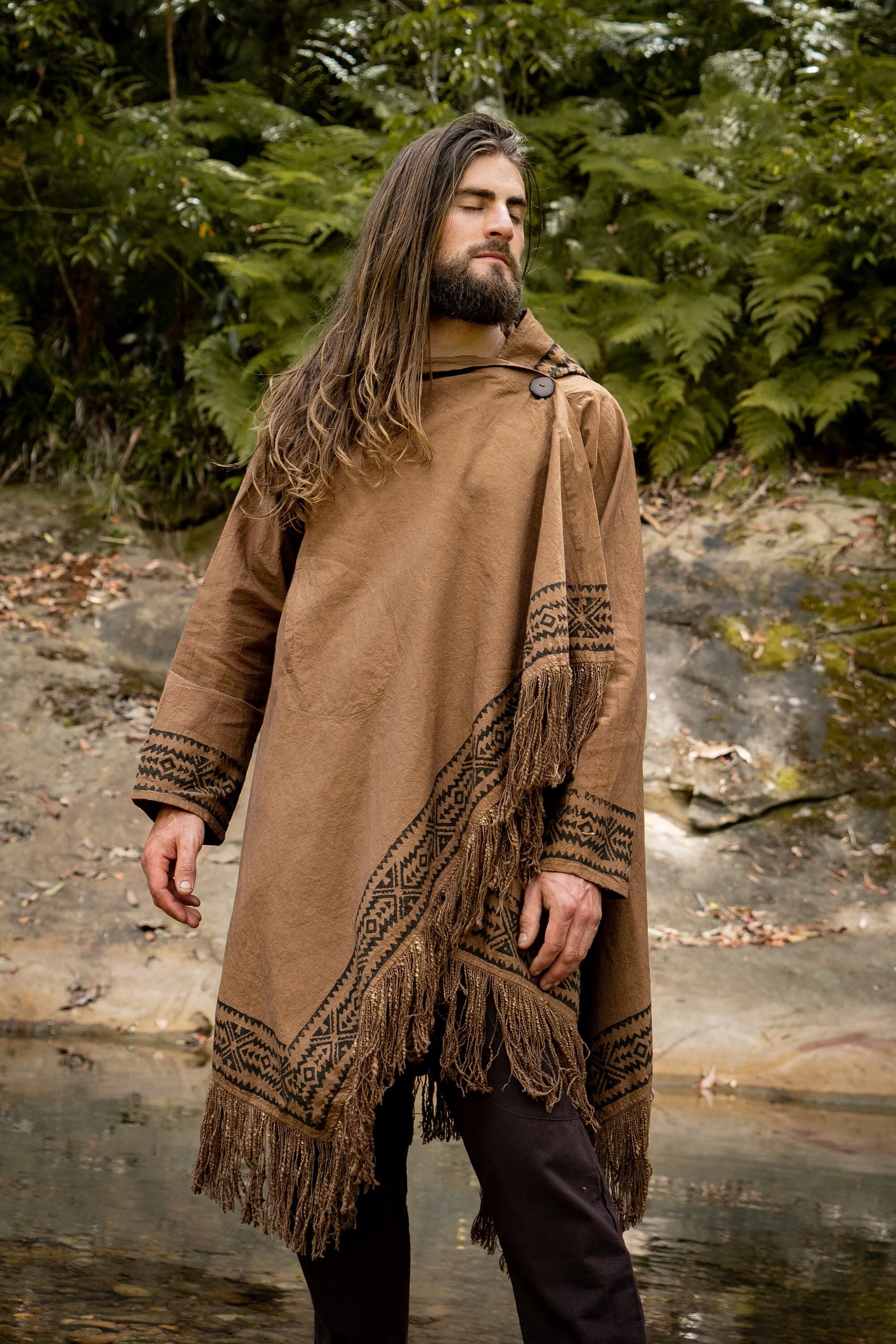 JUBBA Brown Mens Hooded Cloak Long Sleeve Poncho Jacket Festival Tribal Dystopian Apocalyptic Block Printed Steampunk Handmade Dune AJJAYA
