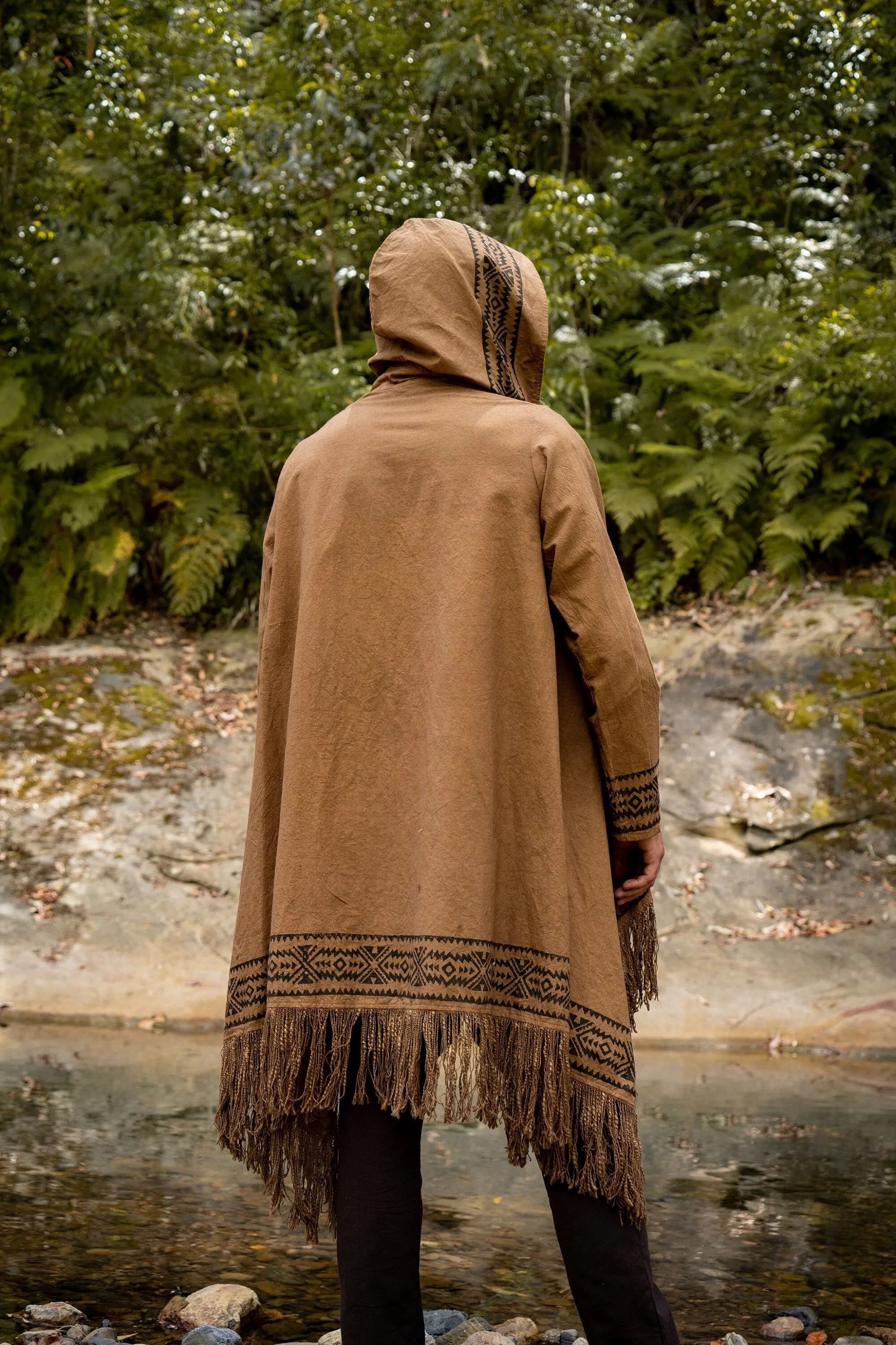JUBBA Brown Mens Hooded Cloak Long Sleeve Poncho Jacket Festival Tribal Dystopian Apocalyptic Block Printed Steampunk Handmade Dune AJJAYA