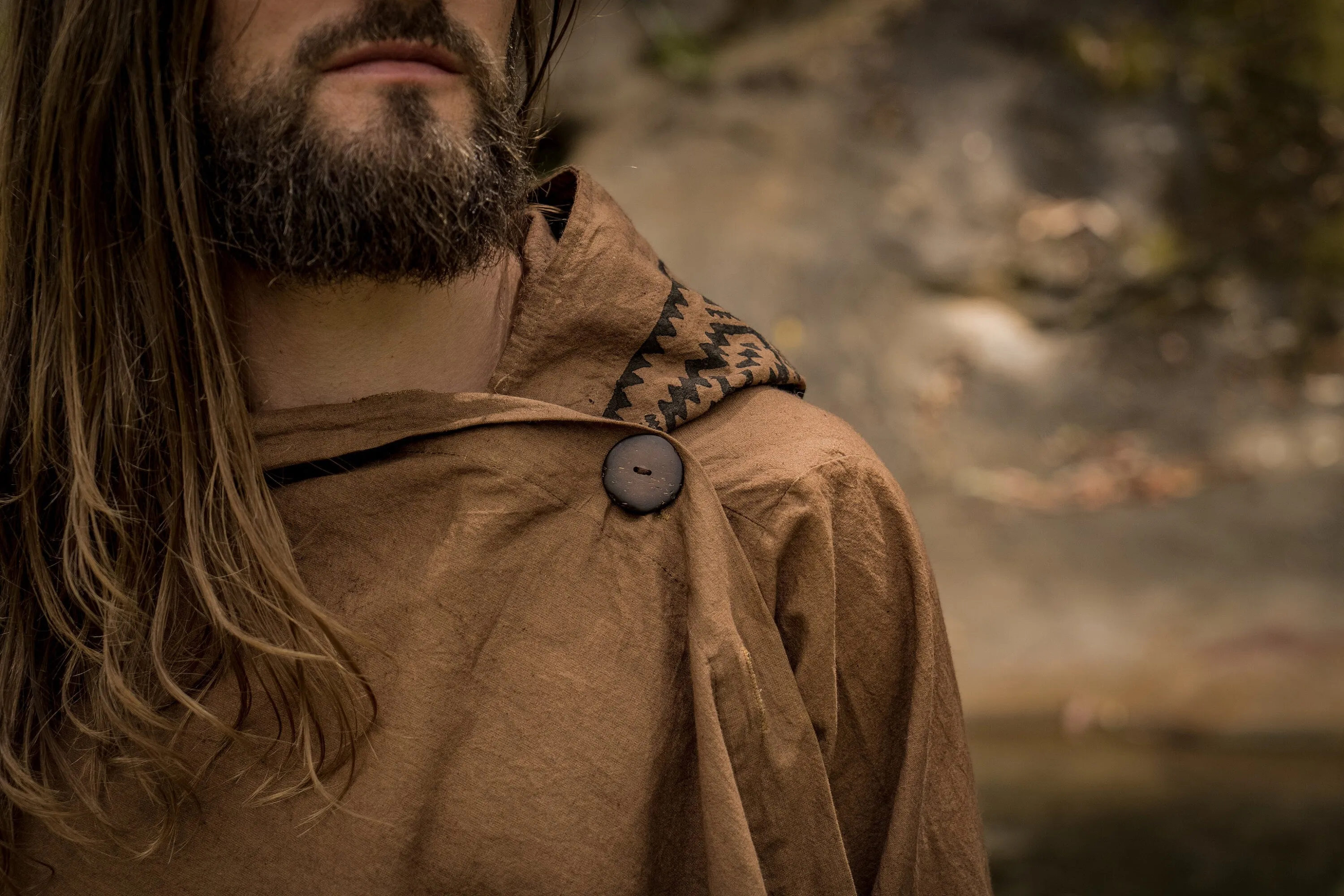JUBBA Brown Mens Hooded Cloak Long Sleeve Poncho Jacket Festival Tribal Dystopian Apocalyptic Block Printed Steampunk Handmade Dune AJJAYA