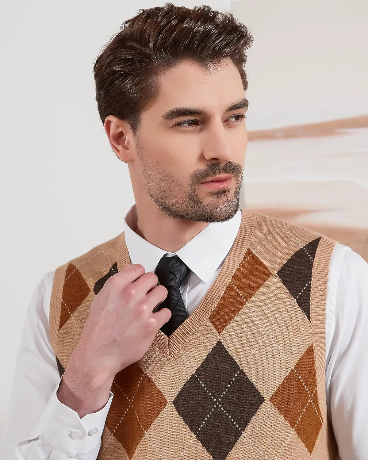 Kallspin Men's Argyle Vest Sweater Wool Blend V-Neck Sleeveless Pullover Sweater