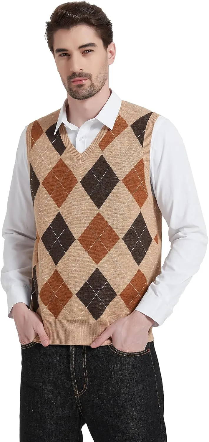 Kallspin Men's Argyle Vest Sweater Wool Blend V-Neck Sleeveless Pullover Sweater