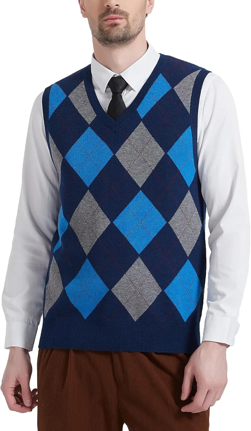Kallspin Men's Argyle Vest Sweater Wool Blend V-Neck Sleeveless Pullover Sweater