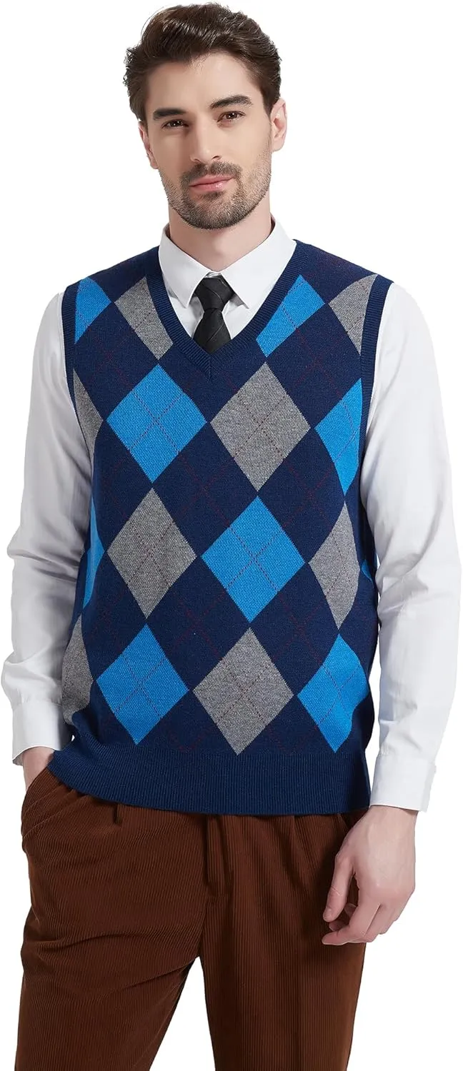 Kallspin Men's Argyle Vest Sweater Wool Blend V-Neck Sleeveless Pullover Sweater