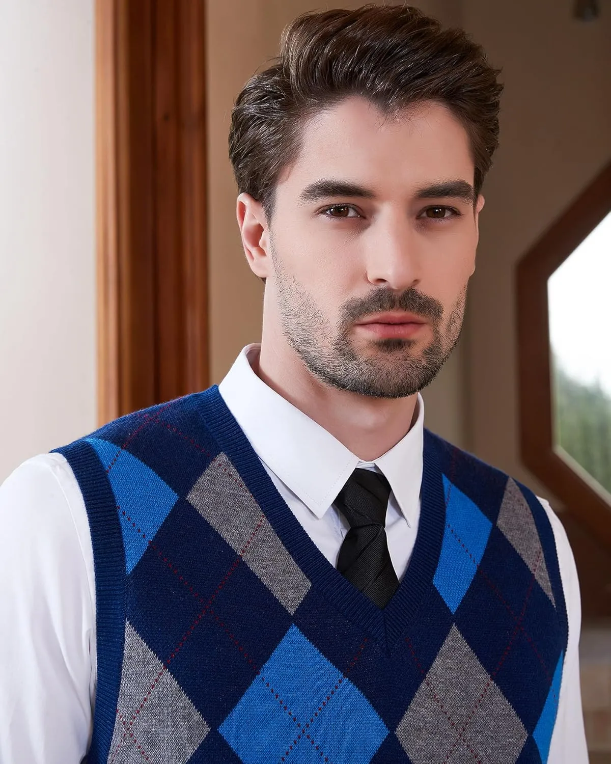 Kallspin Men's Argyle Vest Sweater Wool Blend V-Neck Sleeveless Pullover Sweater