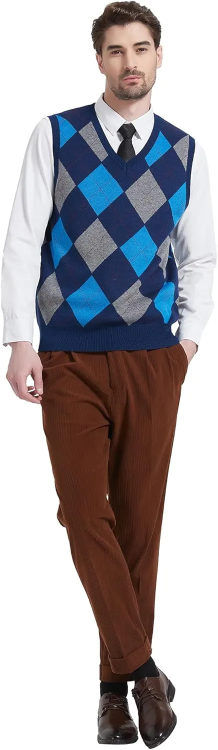 Kallspin Men's Argyle Vest Sweater Wool Blend V-Neck Sleeveless Pullover Sweater