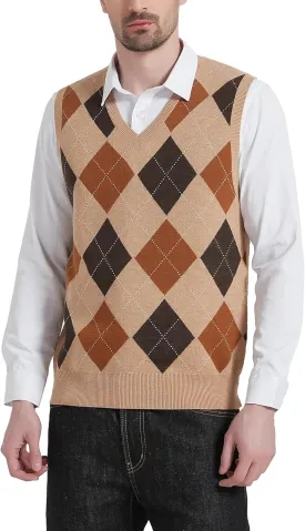 Kallspin Men's Argyle Vest Sweater Wool Blend V-Neck Sleeveless Pullover Sweater