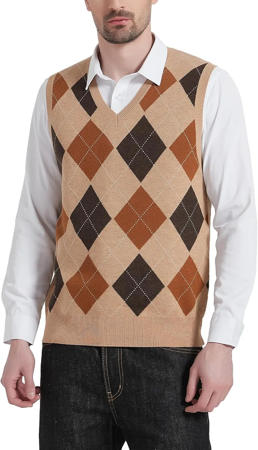 Kallspin Men's Argyle Vest Sweater Wool Blend V-Neck Sleeveless Pullover Sweater