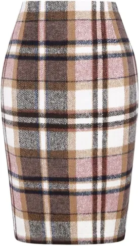 Kinghua Womens Wool Plaid Pencil Skirt Fall Winter High Waisted Slit Bodycon Knee Length Midi Skirt