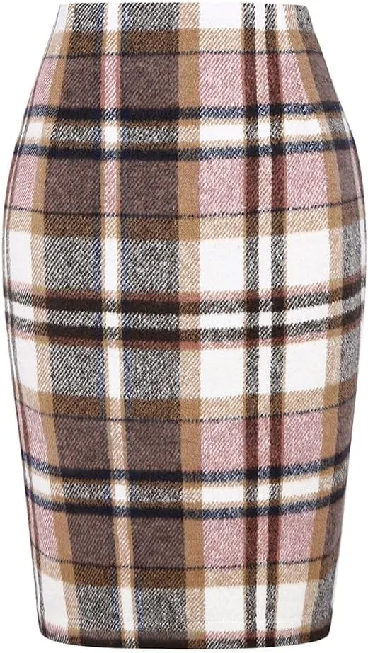 Kinghua Womens Wool Plaid Pencil Skirt Fall Winter High Waisted Slit Bodycon Knee Length Midi Skirt