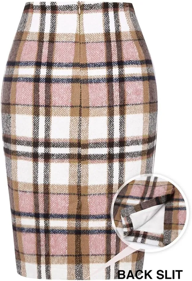 Kinghua Womens Wool Plaid Pencil Skirt Fall Winter High Waisted Slit Bodycon Knee Length Midi Skirt